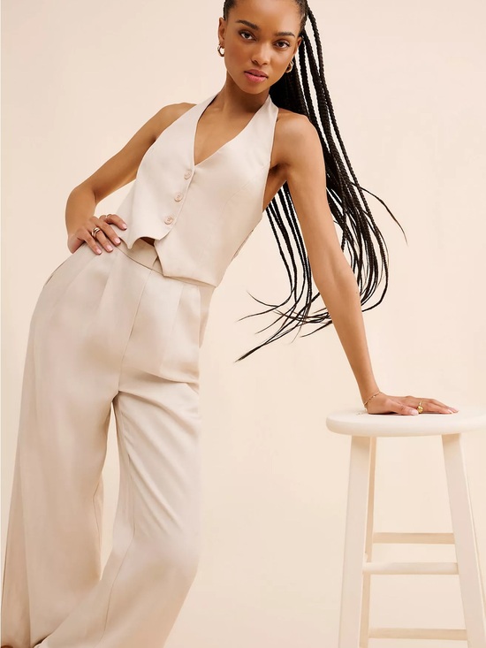 Astr Pants - Astr The Label Cream Sleeveless V-Neck Cropped Vest with Wide-Leg Pants